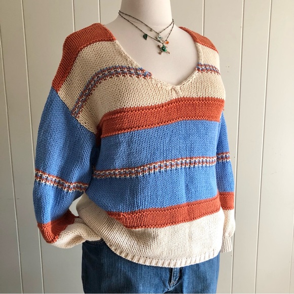 De Sepreso Sweaters - De Sepreso V Neck Sweater Color Block Oversized Sienna Blue Cream Size L